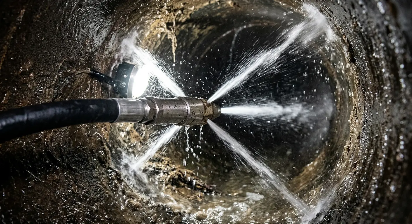 High-pressure hydro jetting nozzle cleaning sewer pipe for Sewer Cleanout in Lomita
