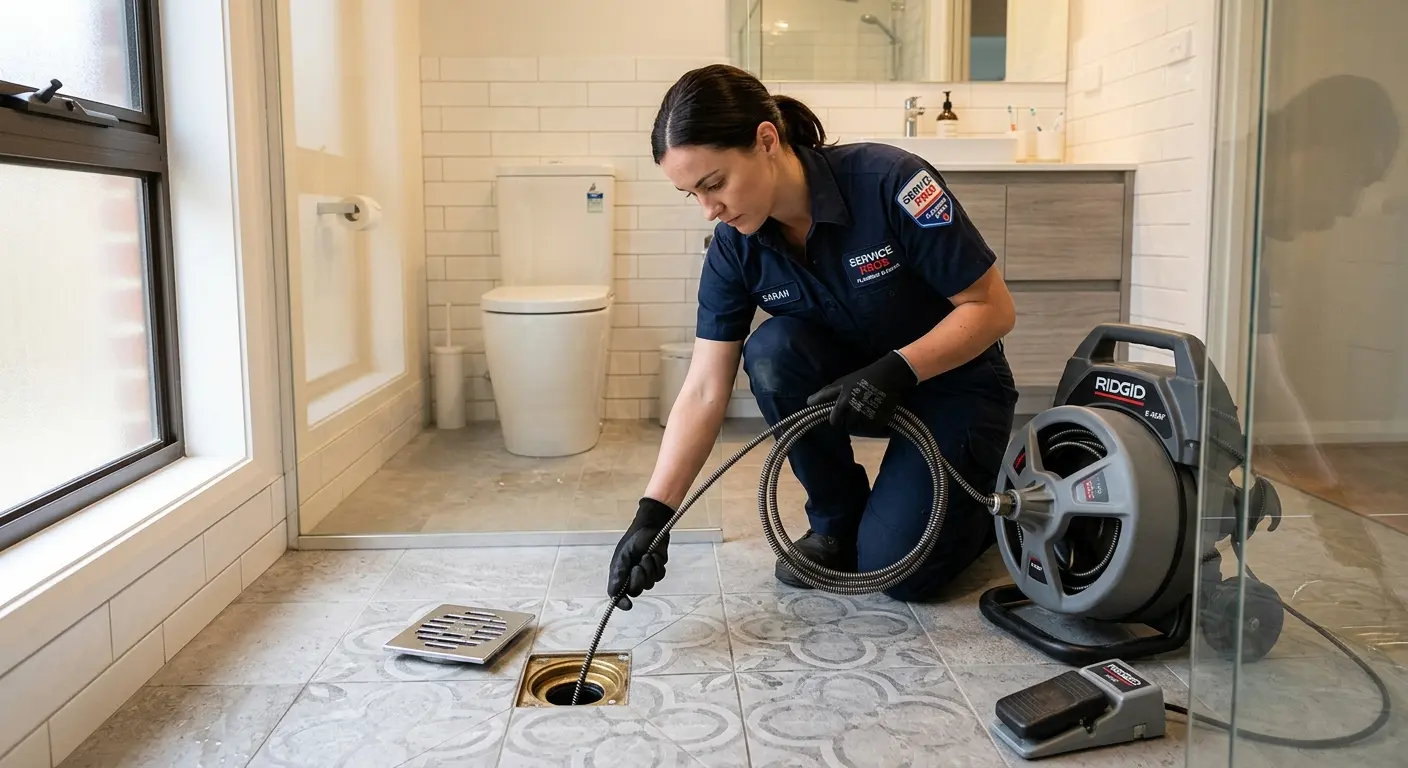 Technician clearing a bathroom floor drain for Sewer Line Installation in Lomita